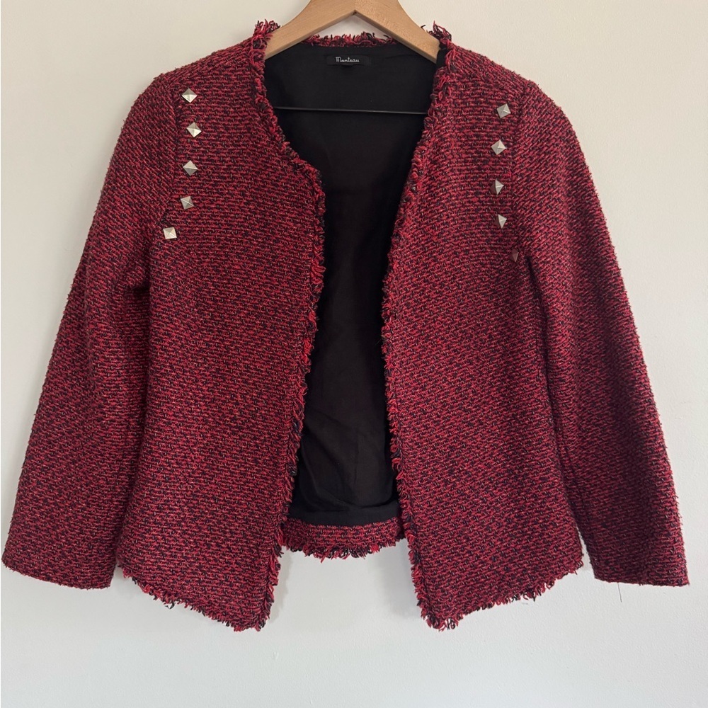 Monteau Red Tweed Old Money Open Front Blazer Medium Old Money